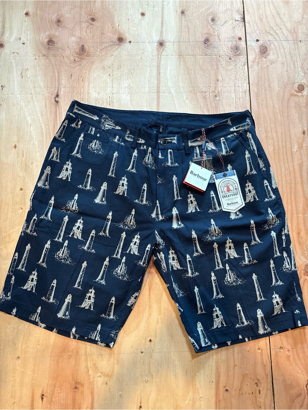 Barbour Navy Shorts with Cream Lighthouse Print